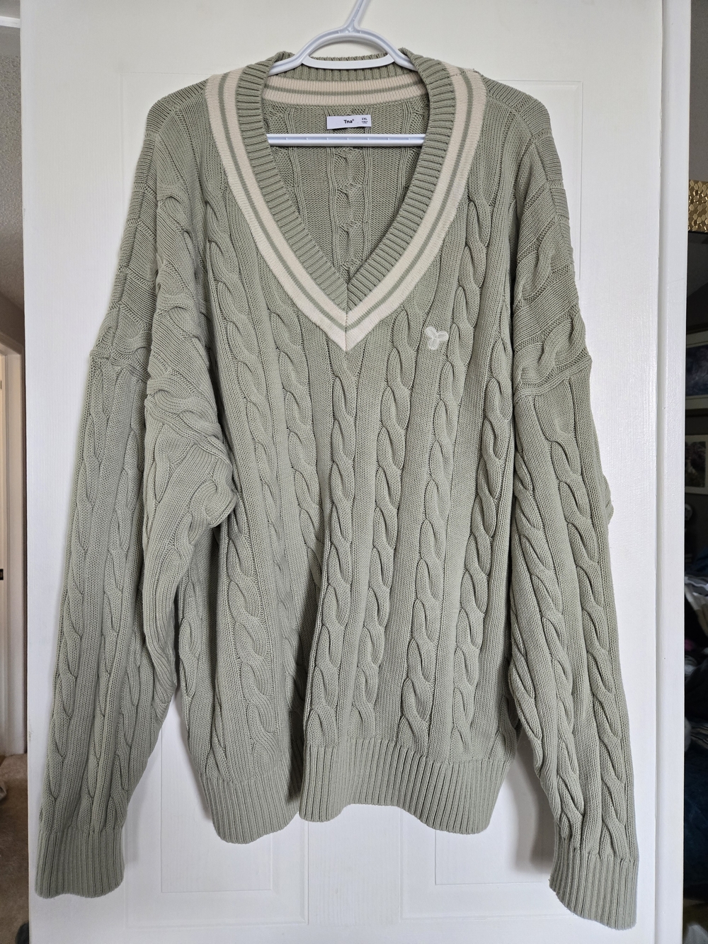 TNA Sage Green Cable-Knit V-Neck Sweater with Cream Trim